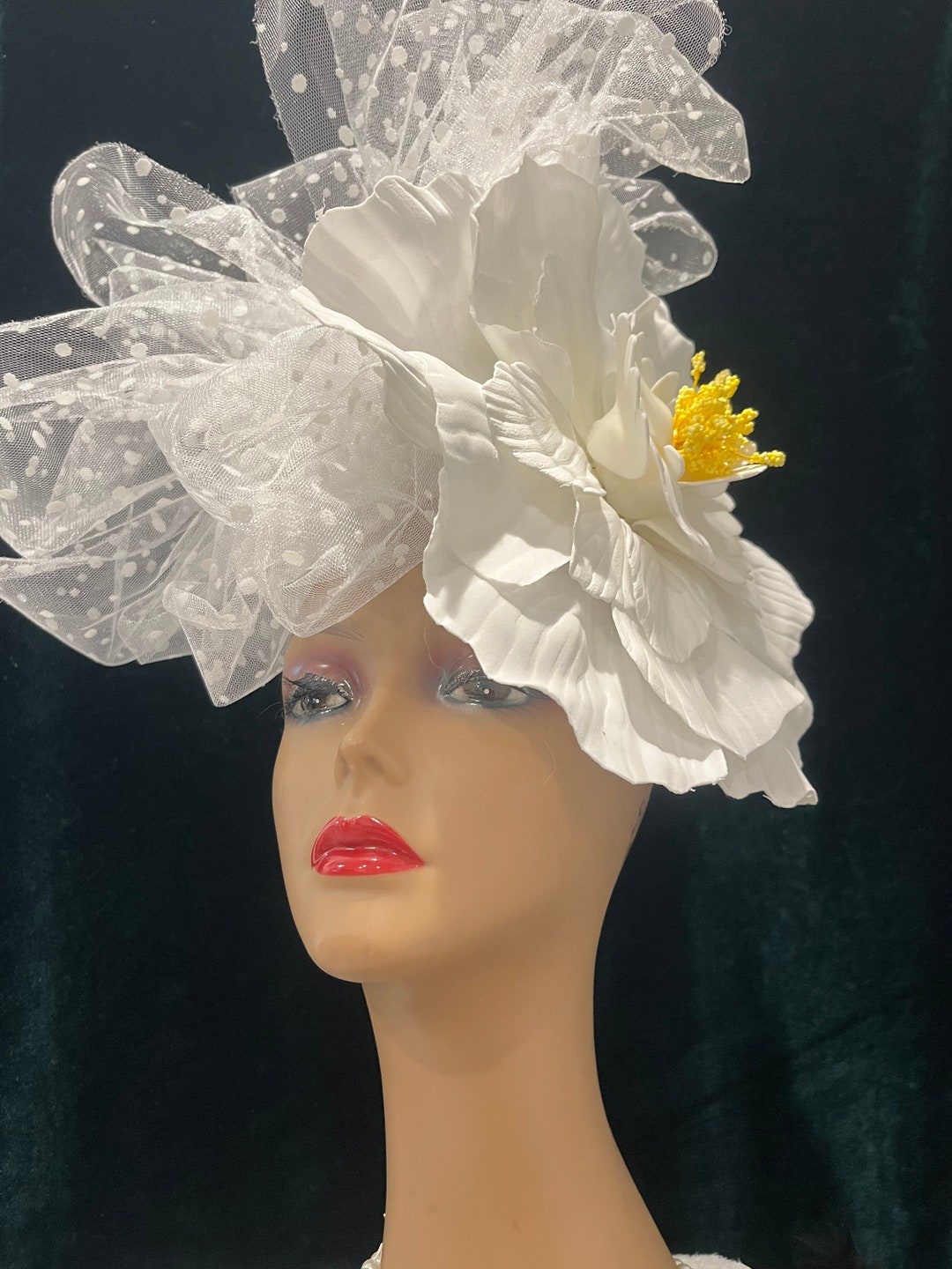 Big White Flower Fascinator Derby Hat Dotted Tulle Bow, Huge White ...