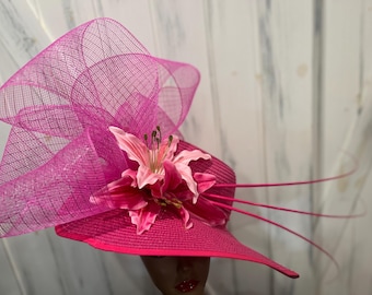 Hot Pink Derby Oaks Race Hat: Lily Flowers, Fuchsia Ostrich Quills, Big Crinoline Bow, Wide Brim