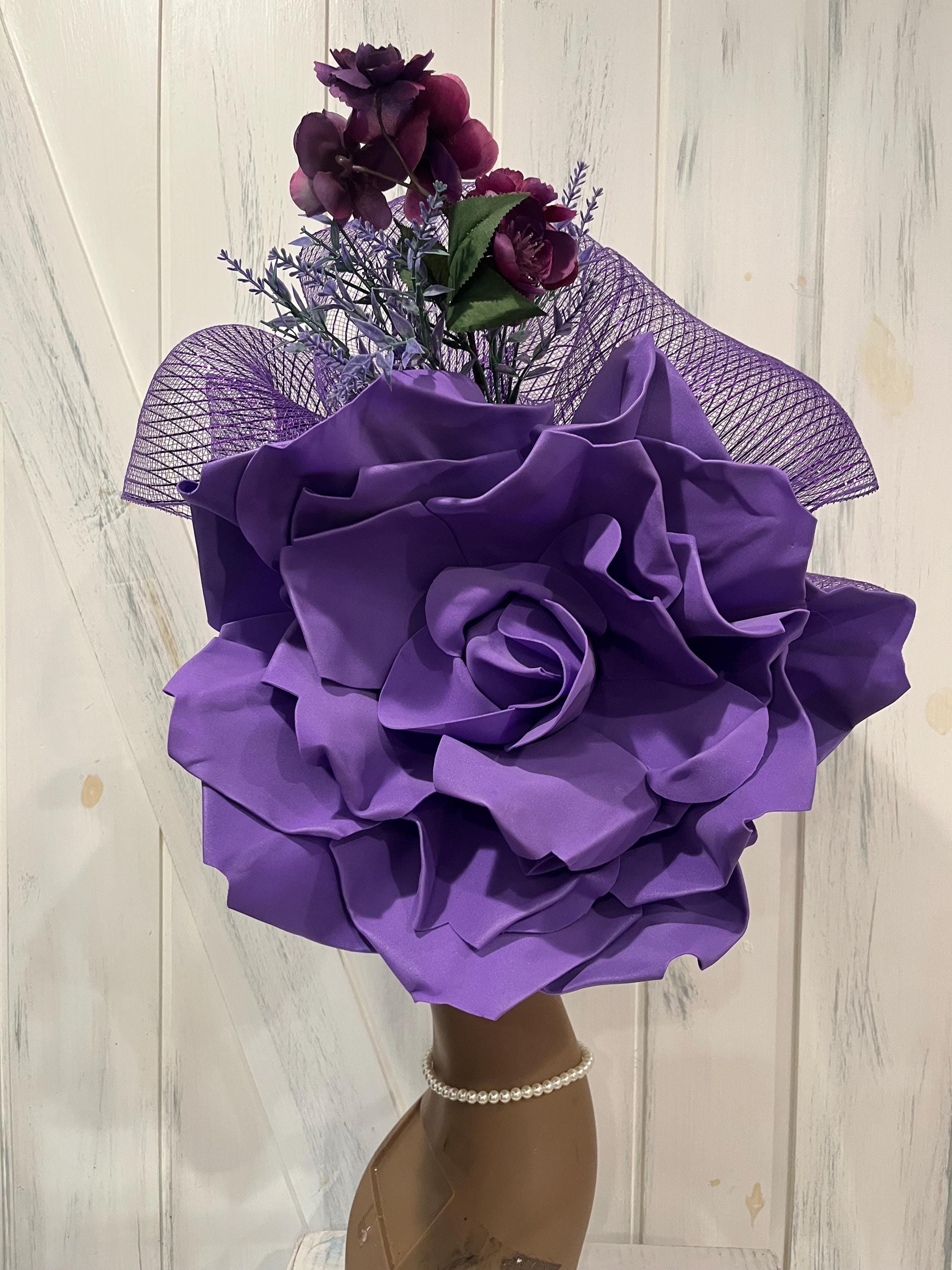Purple Flower Fascinator Derby Church Hat, Big Crinoline Bow  display picture 3