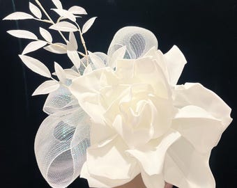 White Rose Flower Fascinator Hat: Big Crinoline Bow, Couture Design Leaves