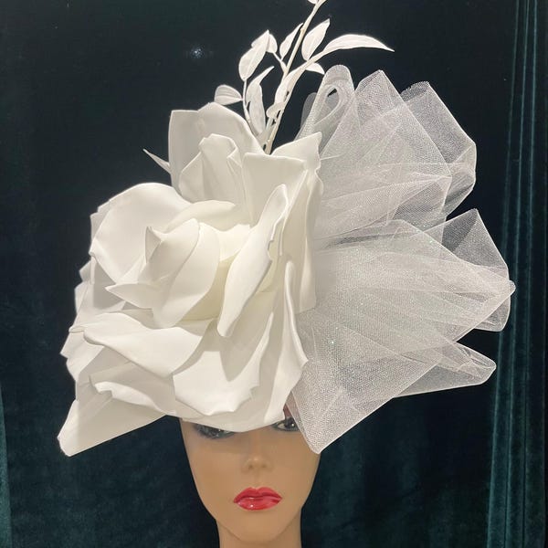 White Rose Fascinator Headband Hat: Large 12" Flower, Glitter Tulle Bow
