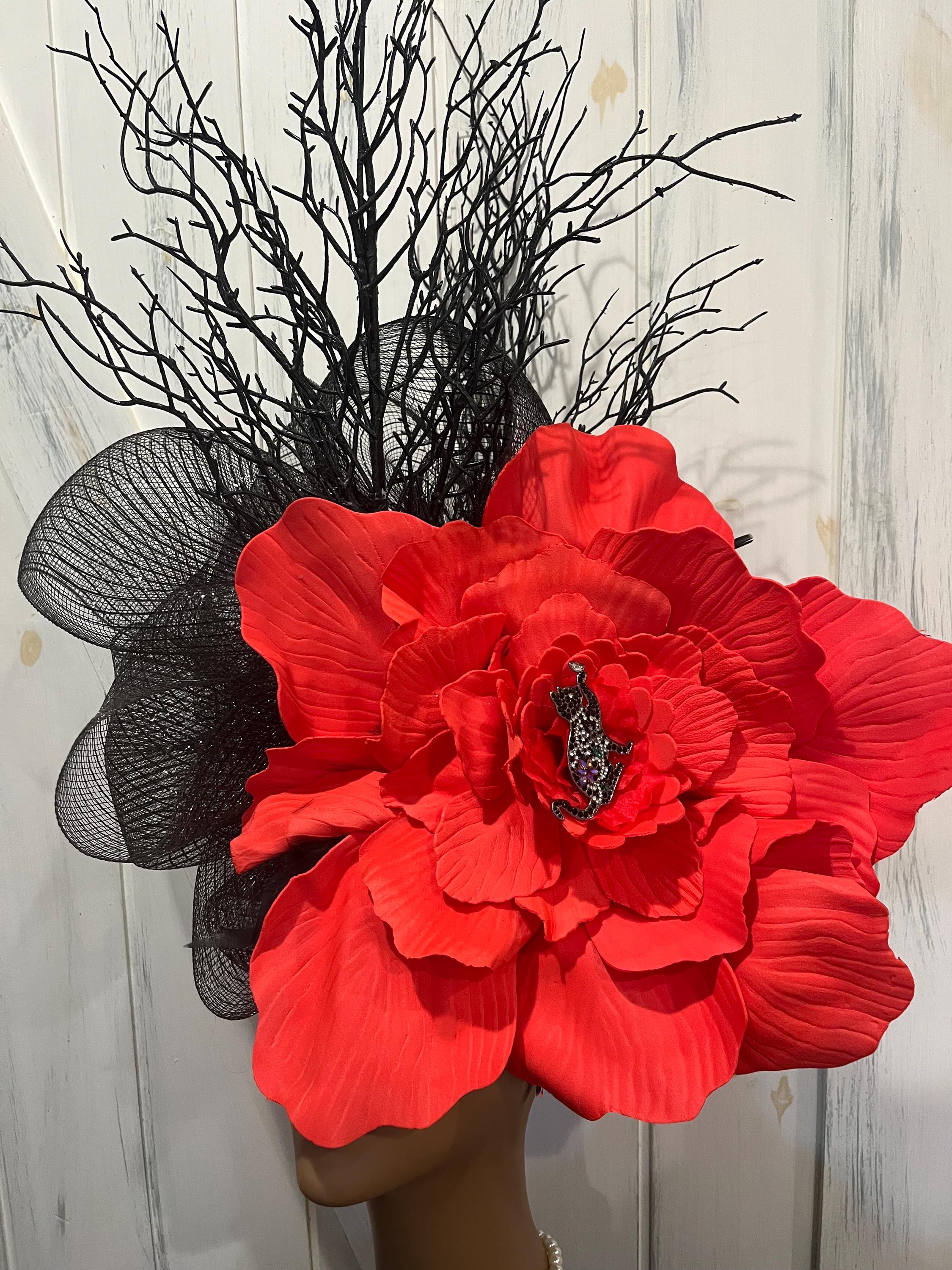 Custom Derby Red Floral Fascinator with Black Bow Bespoke derby hat with bows fascinator main image 2