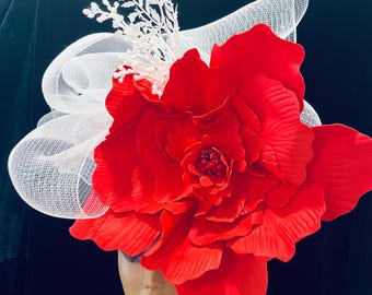 Red Hot Derby Fascinator Hat: Large Rose Flower, Big White  display picture 2