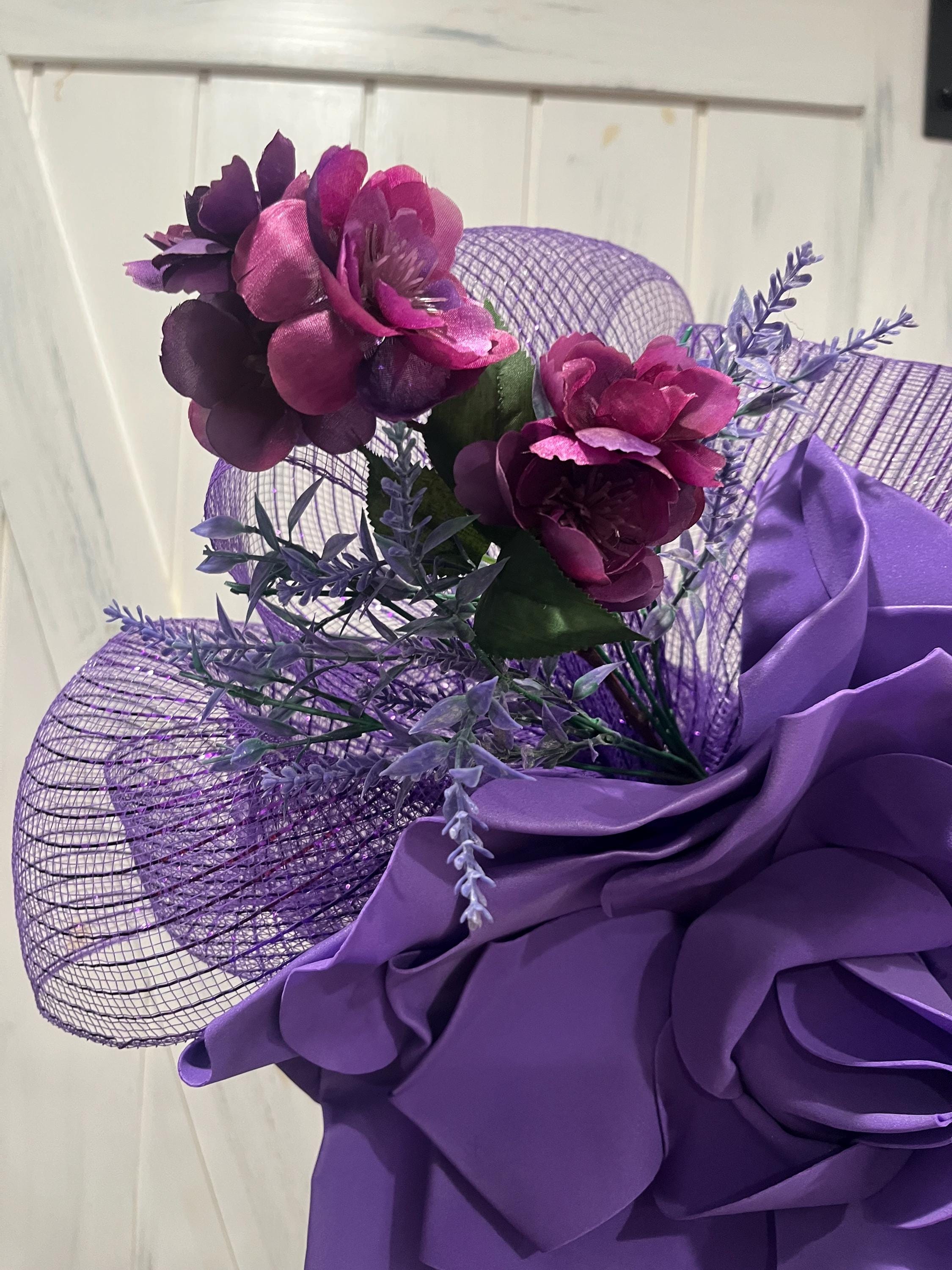 Purple Flower Fascinator Derby Hat, Big Crinoline Bow 