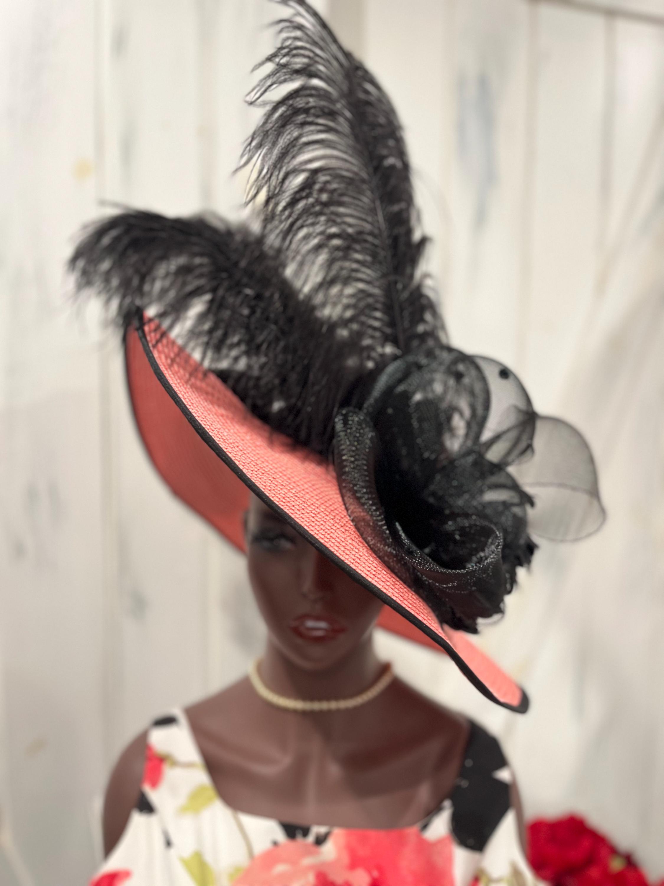 Coral-pink, Black Ostrich Feather Derby Hat: Big Wide Tilt  display picture 3