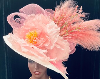 Ivory Derby Hat, Pink Feather Flower, Wide Brim - Etsy display picture 2