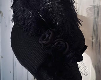 Black Derby Hat: Wide Brim, Ostrich Feather Plumage for  display picture 2