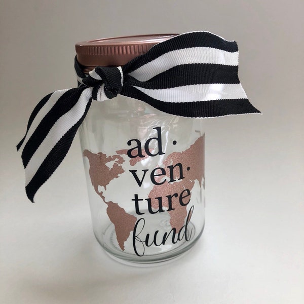 Adventure Fund Mason Jar Bank in rose gold copper / travel savings / vacation savings