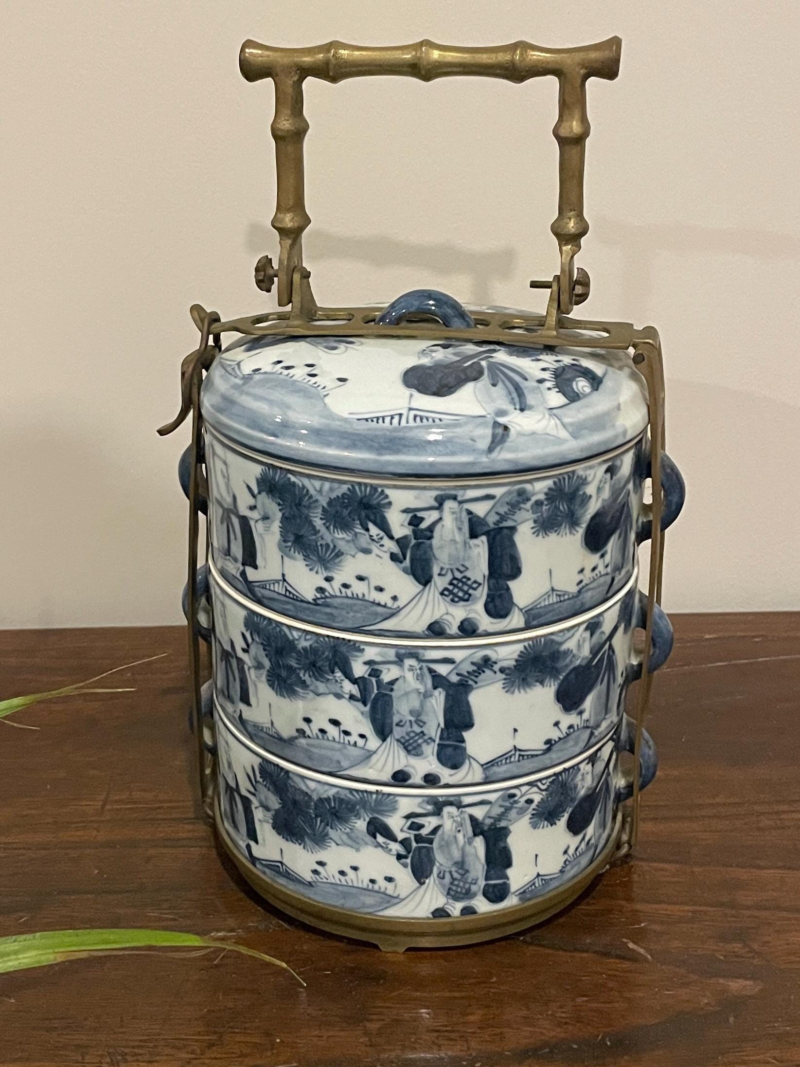 Decorative Antique Chinese Three-tiered Porcelain Bamboo Tiffin