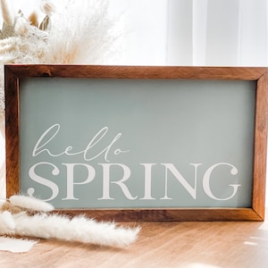 Hello Spring sign in sage. Spring wall decor.