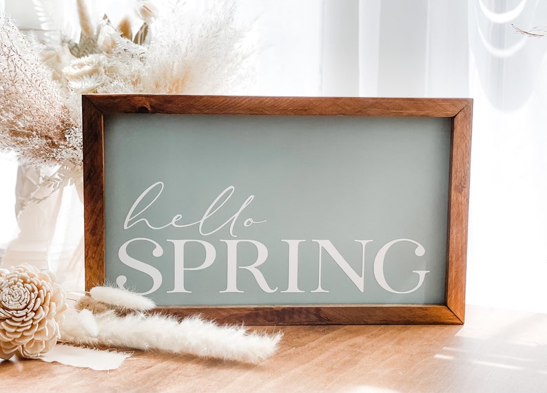 Hello Spring sign in sage. Spring wall decor.