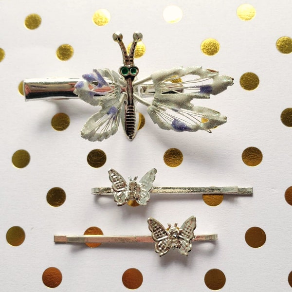 90's white dragonfly clip & pin set, silver sparkly wobbly moving trembling spring butterfly clip, unused 90's trendy hair accessory