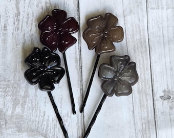Set of 4 Buch and Deichmann Flower Hair Pins, 1980s Floral, Denmark Vintage Accessories