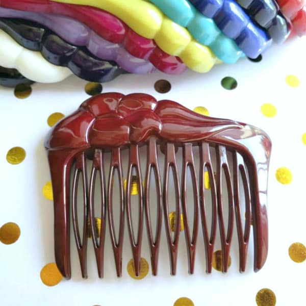 Buch And Deichmann floral plastic Side Combs, Unused vintage nylon plastic hair comb, early 1980's hair style