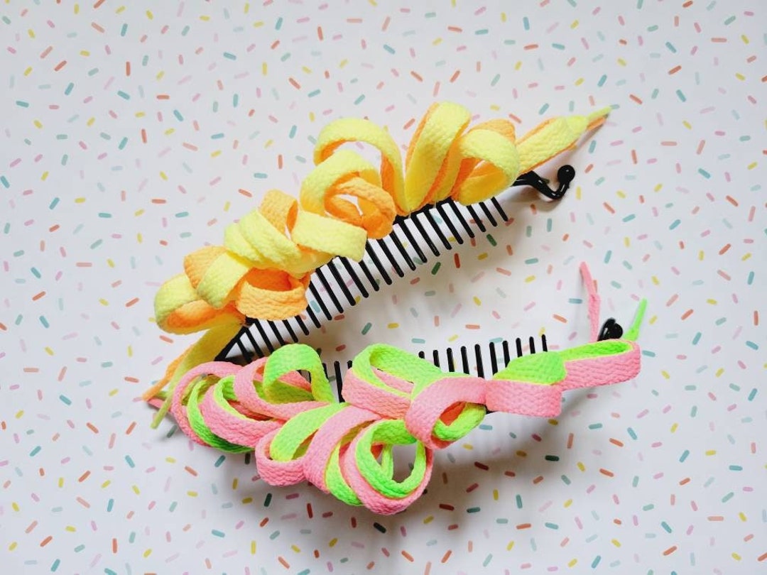 Banana Clip, Neon Shoelace Hair Clip, 80s 90s Fashion Accessory, Full
