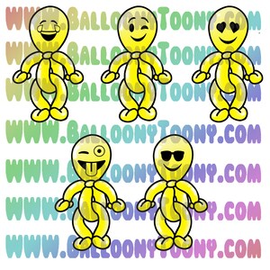 May include: Five yellow balloon animals shaped like people with different emoji faces. The faces include a laughing face, a winking face, a heart-eyed face, a tongue-sticking-out face, and a face wearing sunglasses.