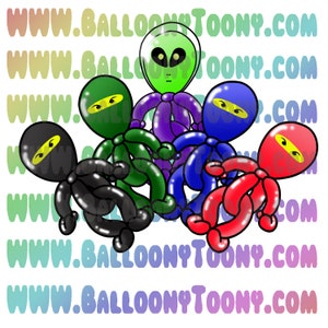 May include: Five balloon animals in the shape of ninjas, with one green alien balloon animal in the center. The ninjas are black, green, blue, and red. The alien is purple.