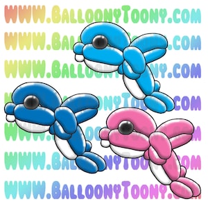 May include: Three balloon animal dolphins, one blue, one pink, and one light blue, with white accents and black eyes. The dolphins are arranged in a playful, whimsical manner.