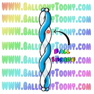 Könnte beinhalten: Ein blaues und weißes Ballontier, das zu einer langen, spiralförmigen Form verdreht ist. Ein kleinerer Ballon befindet sich im Inneren des größeren Ballons, gekennzeichnet durch einen roten Punkt.