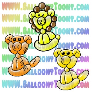 May include: Three cartoon animal balloon figures: a lion, a tiger, and a bear. The lion is yellow with a brown mane. The tiger is orange with black stripes. The bear is yellow. The website address www.balloonytoony.com is in the background.