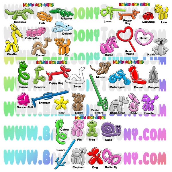 Balloon Artist College's One- Balloon System Clipart - 169 Images BUNDLE- Balloon Menu Clipart - from Zivi Kivi's BalloonArtistCollege.com