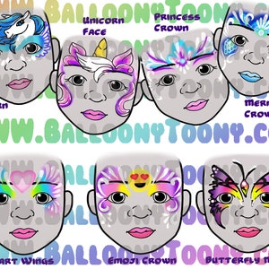 FACE PAINT MENU Pretty Faces 8 Image Bundle - Face Painting Menu Page plus individual Face Painting Clipart Images