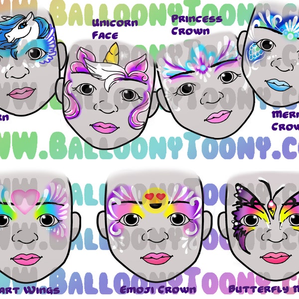 FACE PAINT MENU Pretty Faces 8 Image Bundle - Face Painting Menu Page plus individual Face Painting Clipart Images
