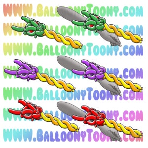 May include: Three balloon animal dragons in different colors: green, purple, and red. Each dragon has a long, twisted body and a head with eyes and a mouth. The dragons are all facing the right side of the image. The background is a gradient of pink, yellow, and blue.