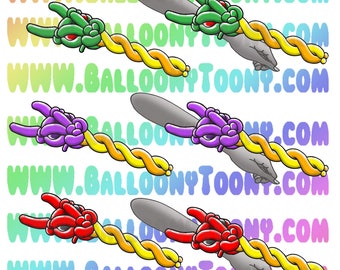 Könnte beinhalten: Drei Drachen aus Luftballons in verschiedenen Farben: grün, lila und rot. Jeder Drache hat einen langen, verdrehten Körper und einen Kopf mit Augen und einem Maul. Die Drachen sind alle nach rechts im Bild ausgerichtet. Der Hintergrund ist ein Farbverlauf aus rosa, gelb und blau.