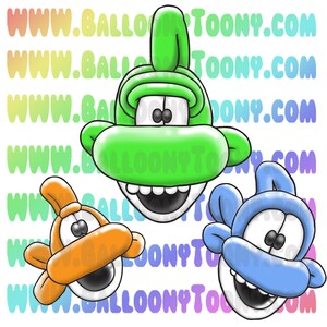 Puede incluir: Tres caras de animales de globo de dibujos animados. Un animal de globo verde con una gran sonrisa y ojos grandes. Un animal de globo azul con una gran sonrisa y ojos grandes. Un animal de globo naranja con una gran sonrisa y ojos grandes.