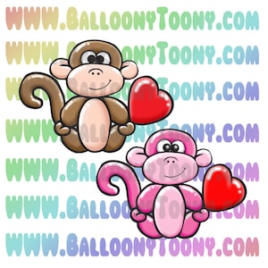 Könnte beinhalten: Zwei Ballontier-Affen, die rote Herzballons halten. Der Affe links ist braun und der Affe rechts ist rosa.