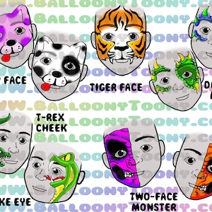 FACE PAINT MENU Page of Various Designs 10 Image Bundle - Face Painting Menu Page plus individual Face Painting Clipart Images