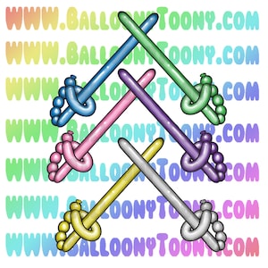 May include: Five balloon swords in different colors: green, blue, pink, purple, and gold. The swords are crossed in a pattern, with the gold sword in the front. The swords are made of balloons and have a knot at the end.