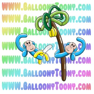 May include: Two blue balloon monkeys are hanging from a brown balloon palm tree. One monkey is holding a yellow balloon banana. The background is a repeating pattern of the website address "www.balloontoony.com".