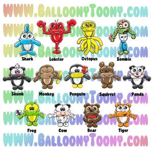 Puede incluir: Ilustraciones de animales de globos de dibujos animados, incluyendo un tiburón, langosta, pulpo, zombi, mofeta, mono, pingüino, ardilla, panda, rana, vaca, oso y tigre. El texto "WWW.BALLOONYTOONY.COM" se muestra en la parte superior e inferior.