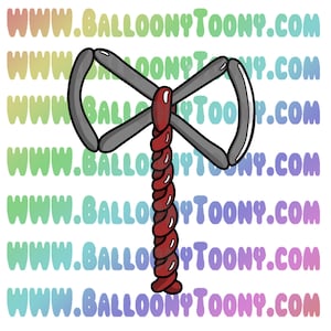 May include: A red and gray balloon animal shaped like an axe. The axe is made of two balloon loops that are twisted together to form the blade. The handle is made of a long, twisted balloon.