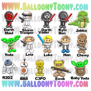 Puede incluir: Un conjunto de 14 personajes de animales de globo de la franquicia Star Wars. Los personajes incluyen Darth Maul, Stormtrooper, Darth Vader, Kylo Ren, Jabba the Hutt, Yoda, Leia, Luke Skywalker, Han Solo, Chewbacca, R2-D2, BB-8, C-3PO y un Ewok. Los personajes están hechos de globos y están en un estilo de dibujos animados.