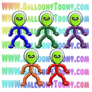 May include: Six balloon alien figures in different colors. The aliens are green with white helmets and have blue, green, purple, orange, and red bodies.
