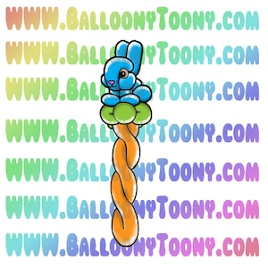 May include: A blue balloon bunny sits atop a twisted orange balloon sculpture. The balloon sculpture is a popular party decoration.