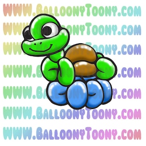 Puede incluir: Una tortuga de globo verde con caparazón marrón y pies de globo azul. La tortuga sonríe y tiene ojos grandes.