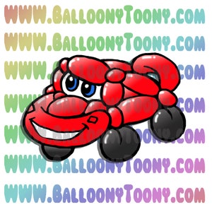 May include: A red balloon car with a smiling face and large blue eyes. The car has black wheels and is made from multiple balloons.