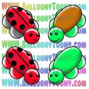 May include: Four cartoon animal balloon designs, two ladybugs and two turtles. The ladybugs are red with black spots and the turtles are green and brown.