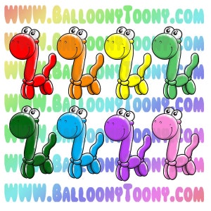 Puede incluir: Ocho dinosaurios de animales de globo en diferentes colores: rojo, naranja, amarillo, verde, azul, morado, rosa y verde. Cada dinosaurio tiene ojos grandes y una sonrisa amigable.