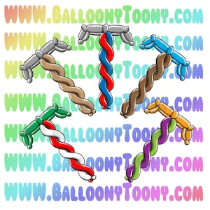 May include: Six balloon animals in the shape of a hammer, each twisted in a different color combination: red and blue, brown and tan, green and white, orange and purple, silver and tan, and blue and brown.