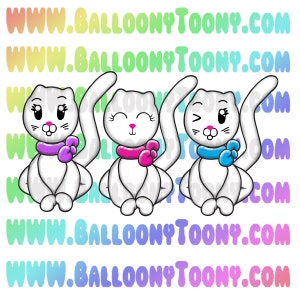 May include: Three white cartoon cats with colorful bows around their necks. The cats are sitting with their tails up in the air. The background is a rainbow gradient with the text "www.balloontoony.com" repeated.