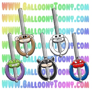 May include: Five balloon swords with different character faces. The swords are silver with a balloon ring at the top. The characters are a monkey, a skull, a green monster, a batman, and a spiderman.