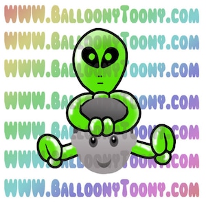 May include: A green alien with large eyes and a big smile is sitting on a gray moon-shaped object. The alien is holding the moon with its arms and has a green body with a white outline.