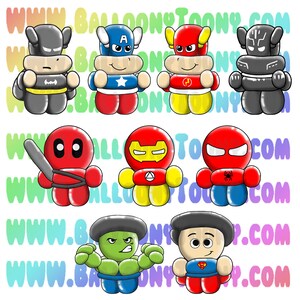May include: A set of ten balloon animal characters, each depicting a different superhero. The characters are all in a cartoon style and are wearing their signature costumes. The characters include Batman, Captain America, The Flash, Black Panther, Deadpool, Iron Man, Spiderman, Hulk, Superman, and Wonder Woman.