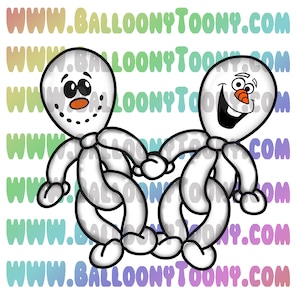 May include: Two white balloon snowmen holding hands. The snowman on the left has a black hat and a carrot nose. The snowman on the right has a black hat and a carrot nose. The snowmen are smiling.
