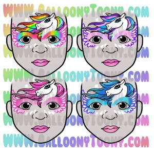May include: Four different face painting designs featuring a unicorn with wings. The unicorn has a rainbow mane in the first design, purple in the second, pink in the third, and blue in the fourth.